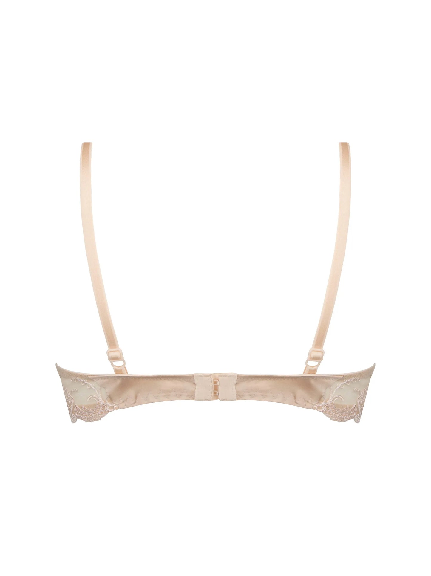 Beige lace bra on a white background
