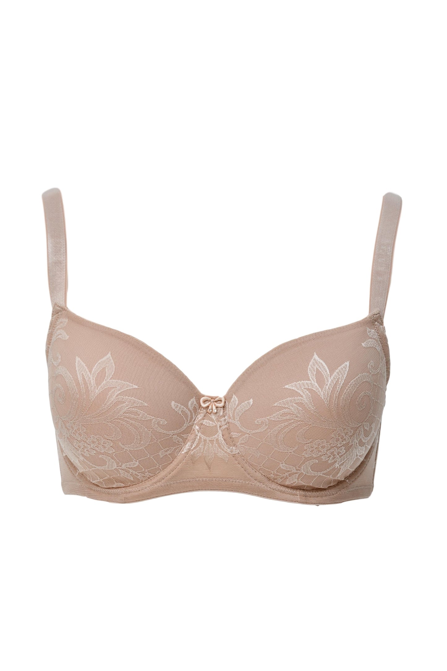 This spacer bra from the Free line by Leilieve of Italy is crafted from a soft, elastic Jacquard fabric with a unique blend of floral and geometric patterns. The cup has been constructed from a 3D-knitted spacer fabric, consisting of two layers of thin fabric knitted together with a microfilament yarn. The result is an incredibly breathable inner layer.