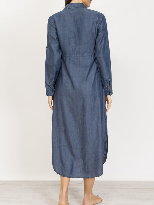 Long denim shirtdress by Verdissima Italy made of tencel fabric, lightweight and breathable.