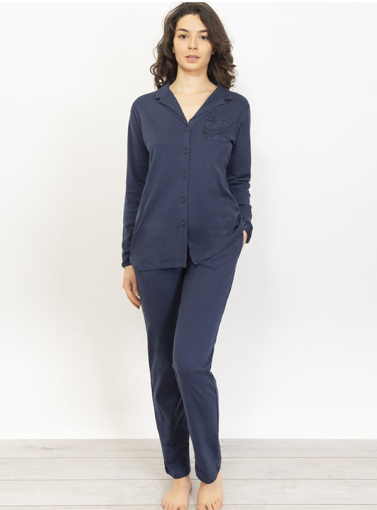 Navy blue two-piece cotton pajamas set by SIeLEI from Italy at DiModa Lingerie Toronto
