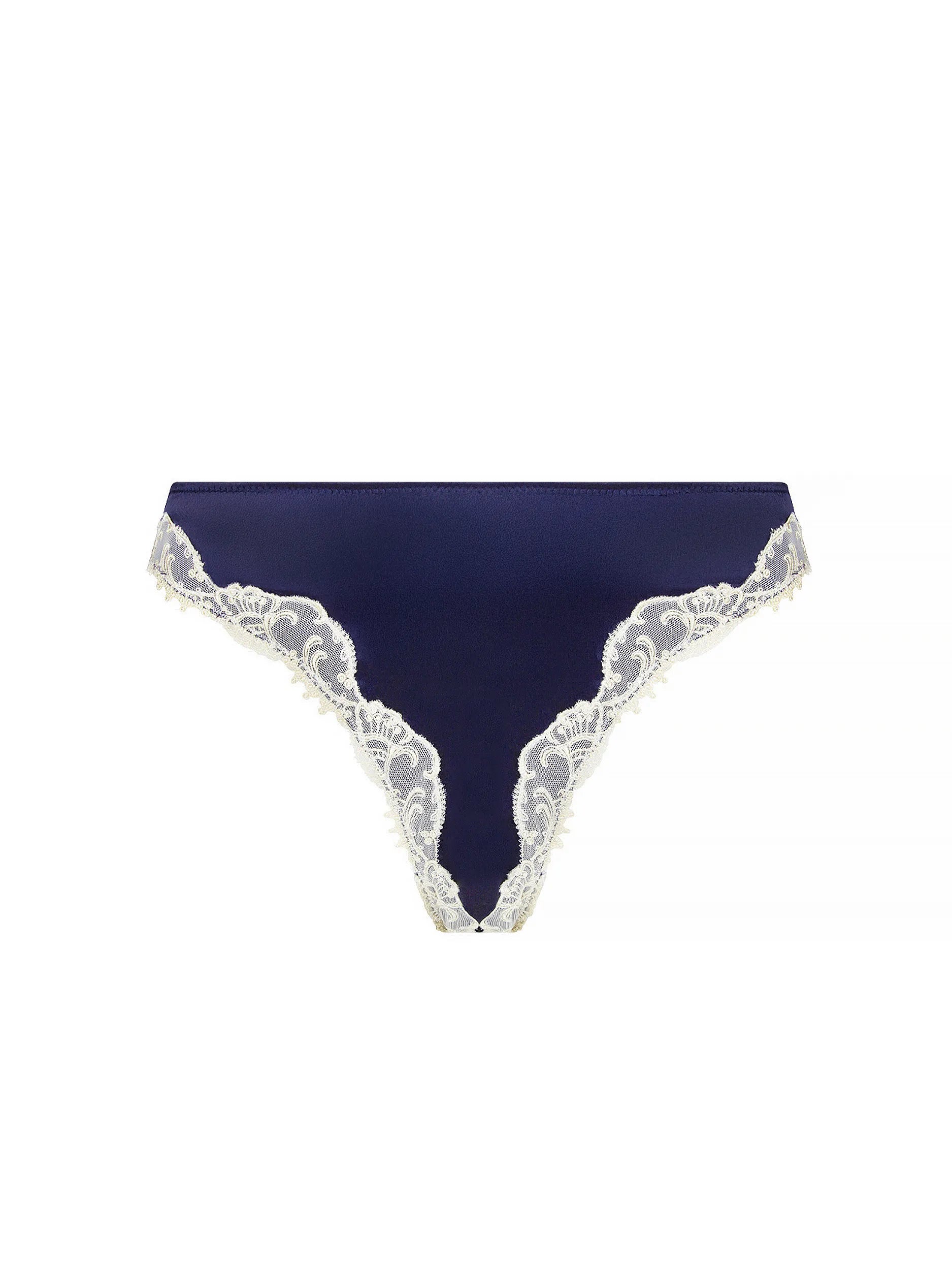 Navy blue lace-trimmed underwear on a white background