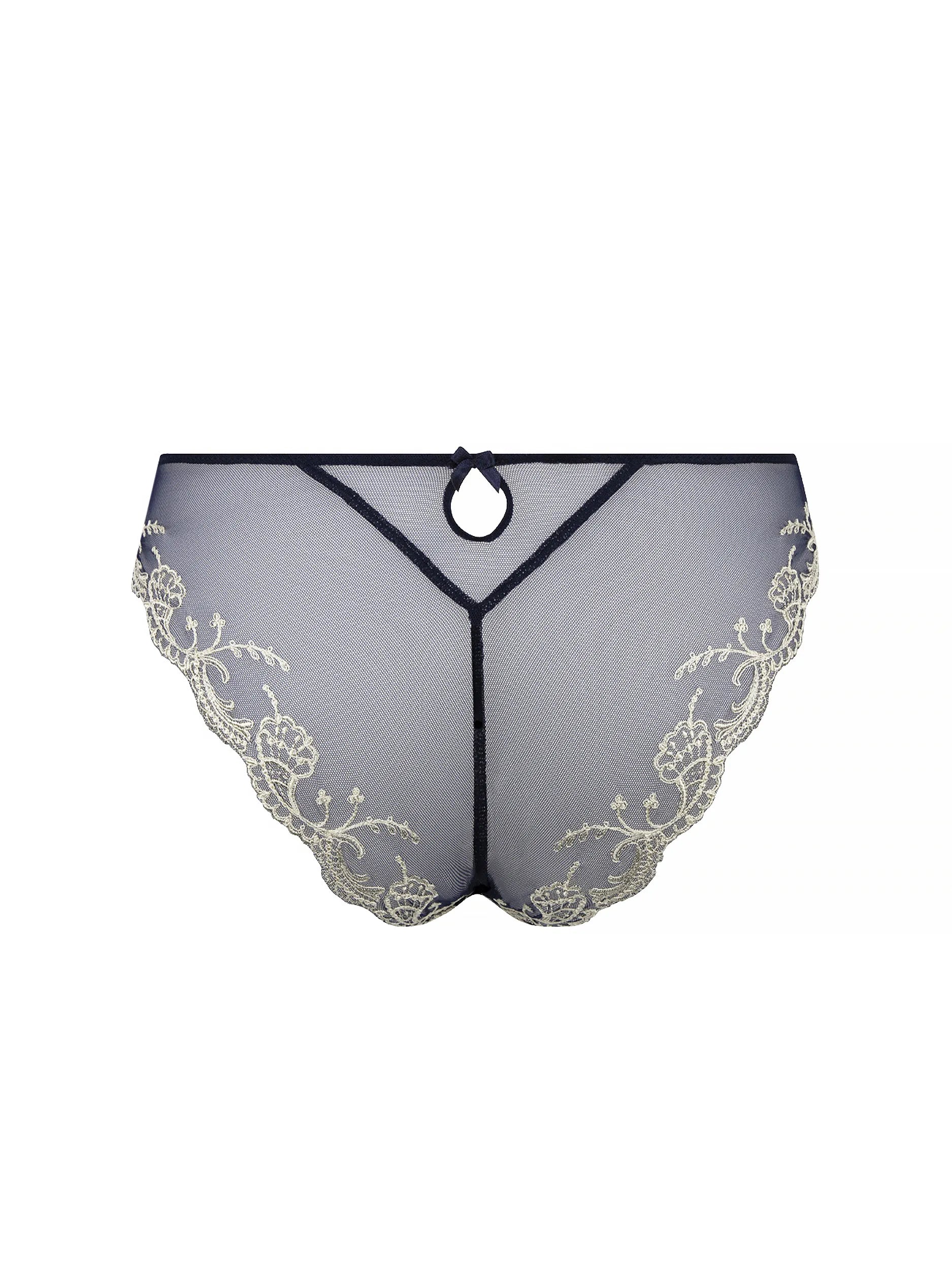 Sheer black lace lingerie with floral embroidery on a white background