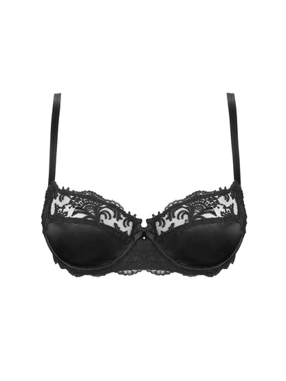 Black lace bra on a white background