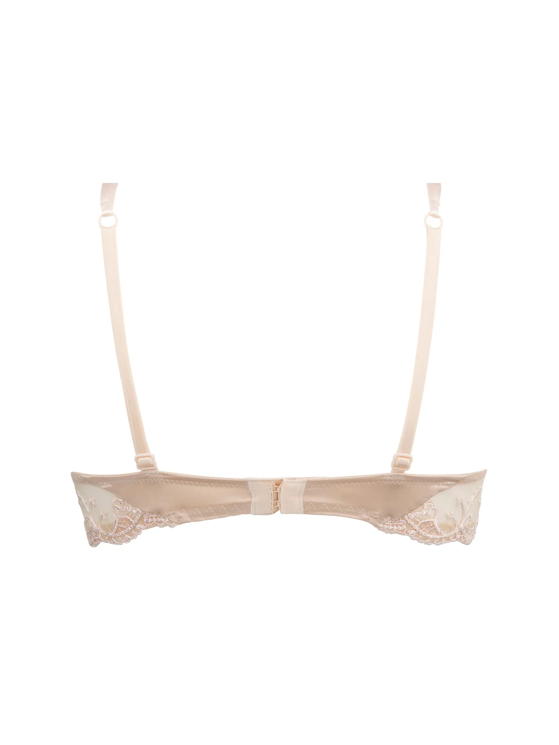 Beige bra with lace details on a white background