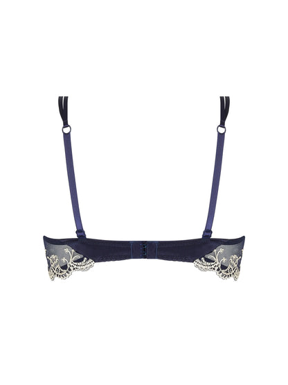 Navy blue bra with lace details on a white background