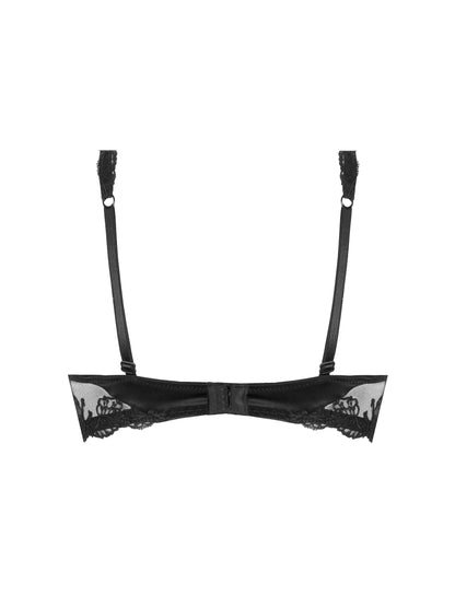 Black lace bra with thin straps on a white background