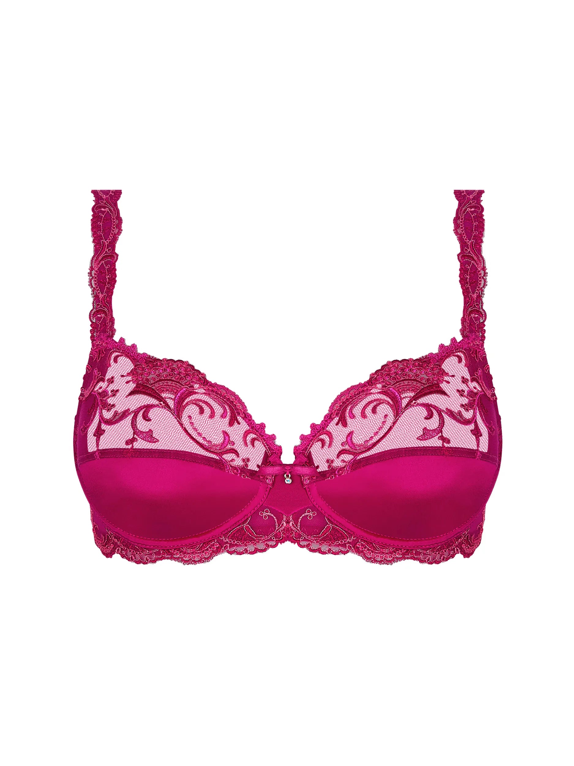 Pink bra with lace details on a white background