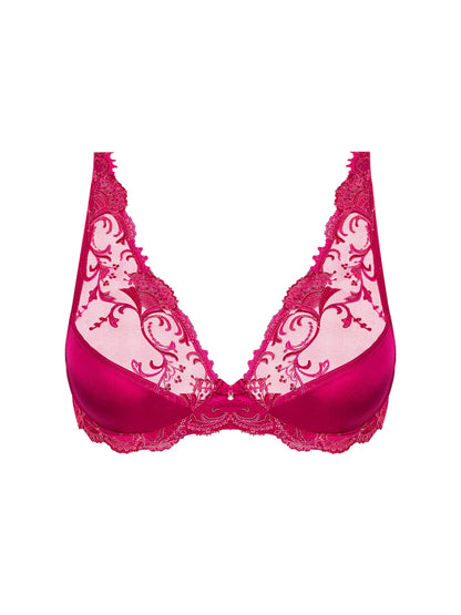Pink bra with lace detailing on a white background