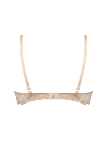 Beige lace bra on a white background
