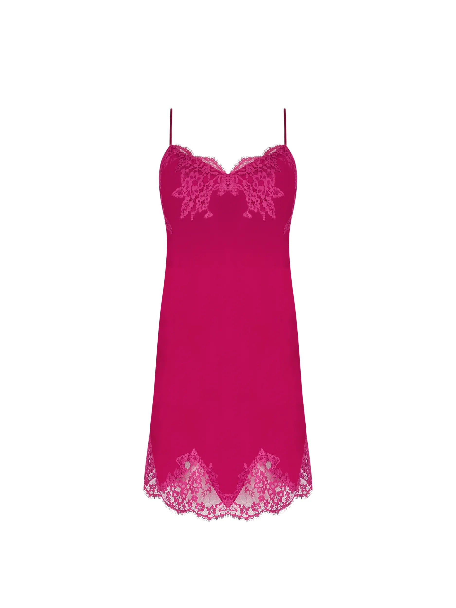 Pink slip dress with lace details on a white background