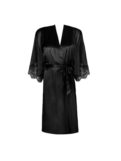 Black satin robe with lace sleeves on a white background