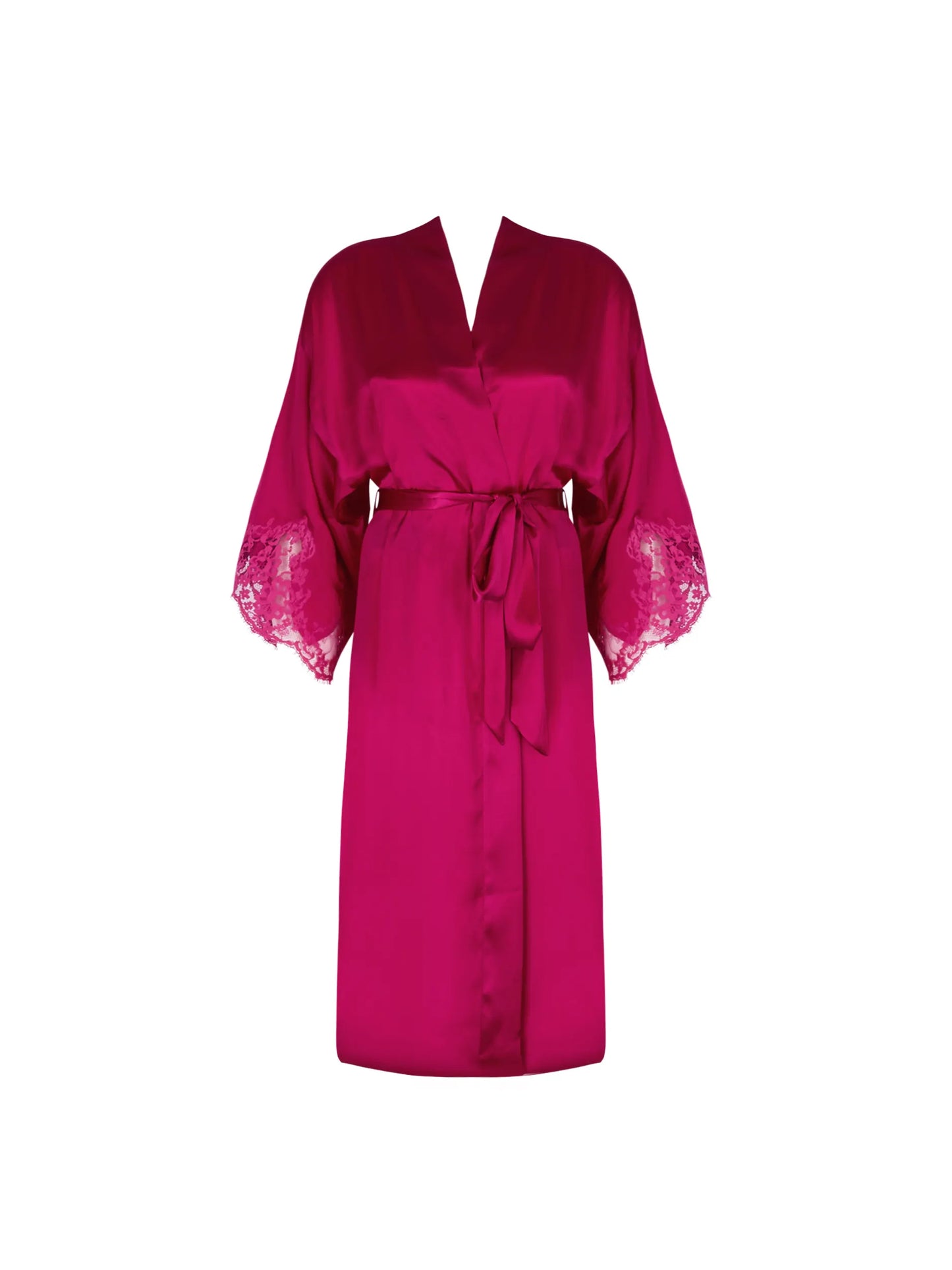 Pink satin robe with lace sleeves on a white background