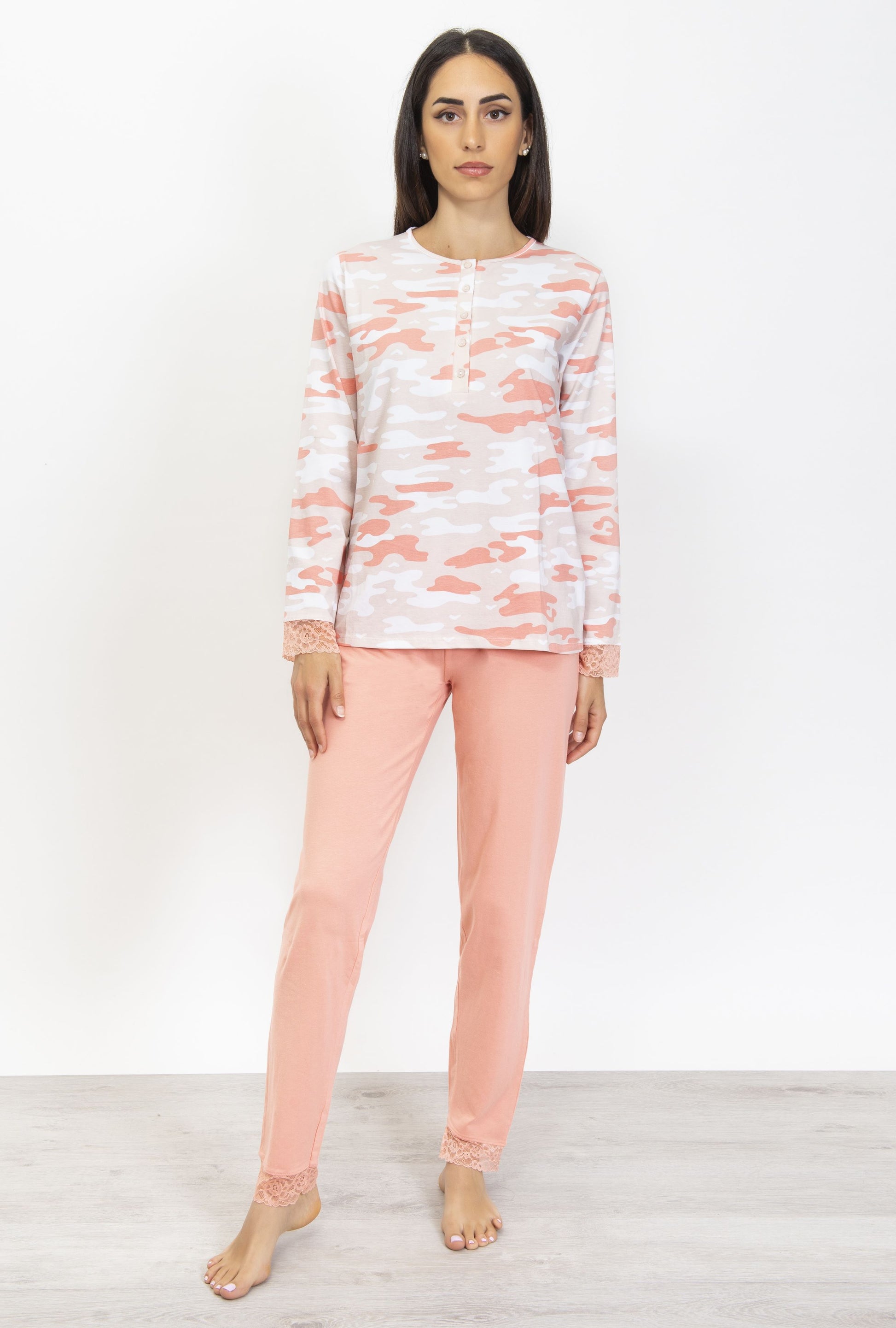 This Camo Cotton Pajama Set is designed with a lightweight, breathable cotton, complete with a stylish camouflage print top and matching solid colour pants.