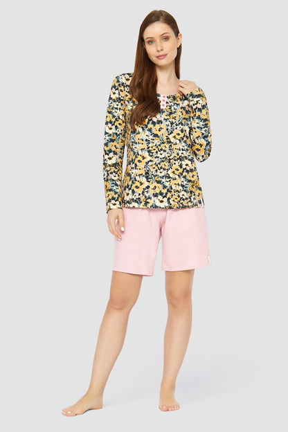model is wearing Be Happy Cotton Bermuda Shorts front picture with matching top sold separately 