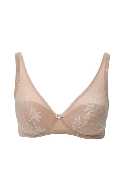 This Italian-crafted wireless bra from Leilieve's Free line utilizes a soft, elastic Jacquard fabric, featuring a distinctive amalgam of floral and geometric patterns. Light padding (approx. 3mm) is adjoined solely along the bottom of each cup's seam, allowing the fabric to adapt to the contours of the breast.  Full coverage, wire-free 