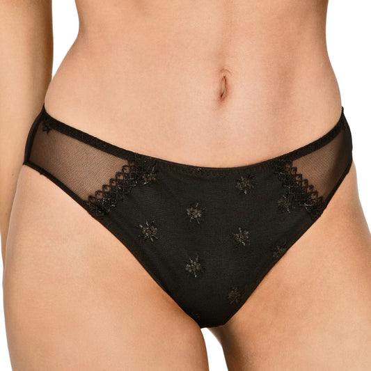 Black Louisa Bracq brief from the Chantilly line provides a chic and refined look, featuring a fine tulle front adorned with a geometric bordered panel surrounding by iridescent medallions.