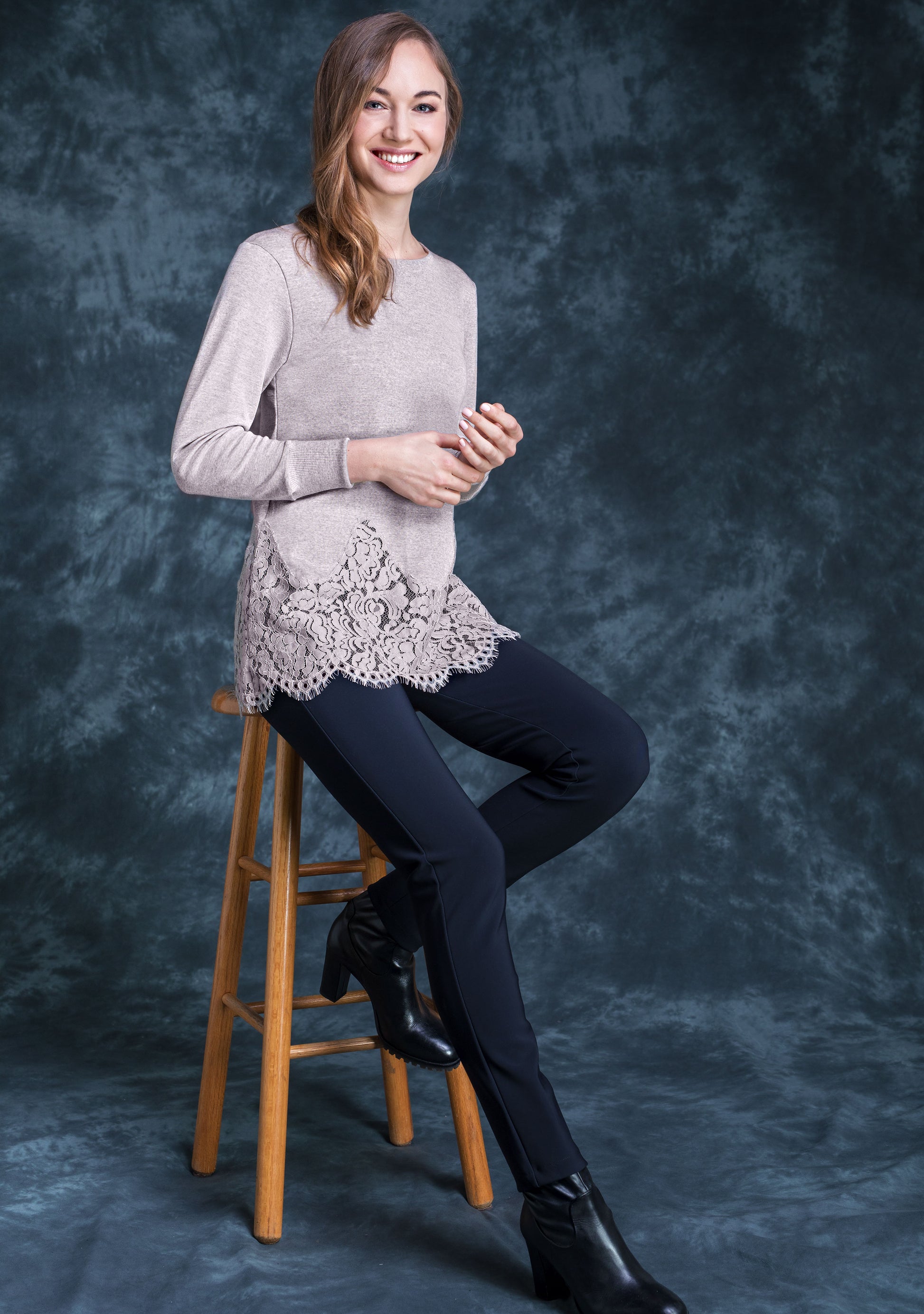 Elegant wool an silk top with lace trim bottom. DiModa Lingerie Toronto 